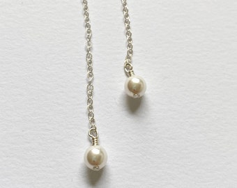 Delicate Pearl Drop Earring, Chain Drop Earrings Long Stud Earrings Sterling Silver, Dangle Pearl Earrings, Dainty Earrings, Pearl Jewelry
