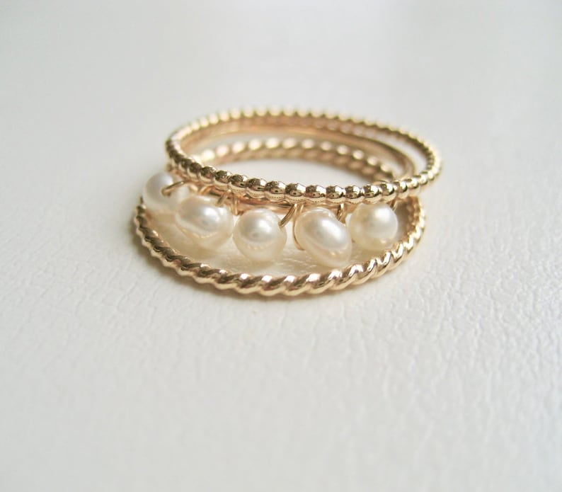 Set Of 3 Gold Stacking Rings Gold Filled Pearl Ring June Ring Twisted 14k gold filled ring Delicate Pearl Gold Filled Stacking Rings