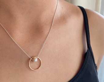 Pearl Pendant Necklace 14k Gold Filled and Sterling Silver, Floating Pearl Necklace, Gold Eternity Circle Necklace, Mothers Day Gift