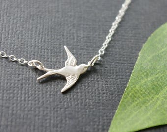 Mid Flight Tiny Swallow Bird Necklace Sterling Silver