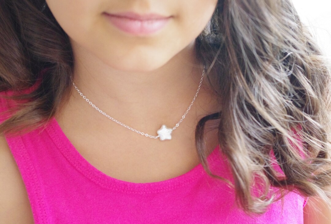 Sterling Silver Small Star Pearl Necklace, Little Girl Necklace