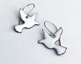 Peace Dove Earrings, Enamel Dangle Bird Earrings, Bird Jewelry