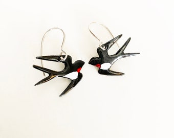 Barn Swallow Bird Earrings Enamelled Swallow Bird Hook Earrings