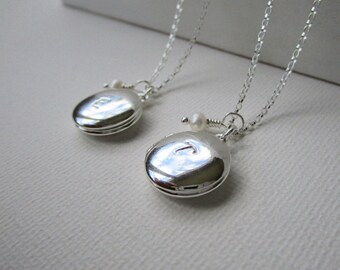 Tiny Locket Necklace, Silver Locket with Initial Paw Print and Pearl