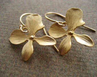 Gold Orchid Short Flower Dangle Earrings, Simple Everyday Earrings