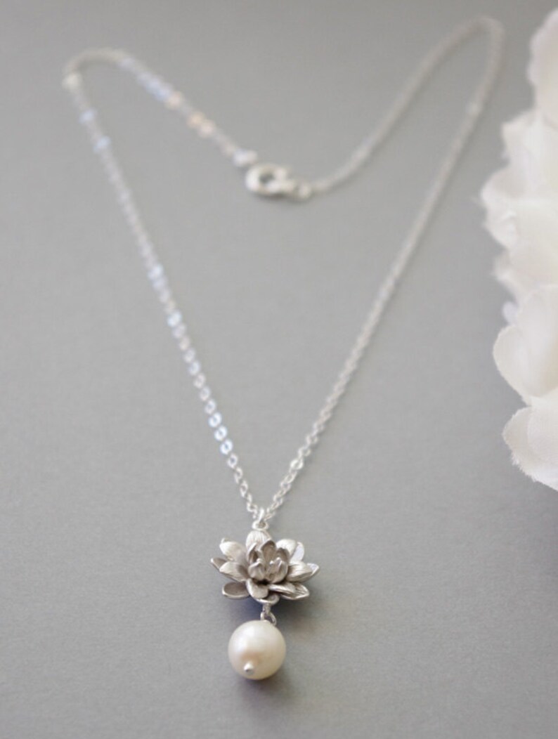 Lotus Pearl Necklace Silver Lotus Necklace Pearl Necklace Etsy