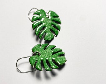 Green Monstera Leaf Enamel Earrings, Green Leaf Earrings, Plant Earrings, Plant Gifts Idea, Plant Lover Gift