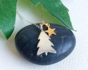 Christmas Tree Necklace, Pine Tree Necklace, Tree and Star Necklace, Sterling Silver Tree, NorthWoods, Evergreen Tree Jewelry, Outdoors Gift