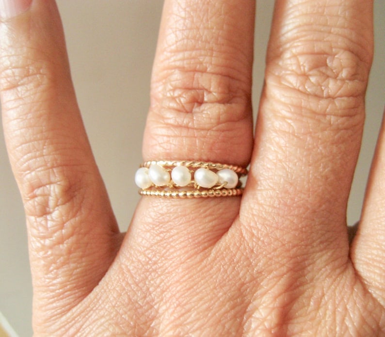 Set Of 3 Gold Stacking Rings Gold Filled Pearl Ring June Ring Twisted 14k gold filled ring Delicate Pearl Gold Filled Stacking Rings