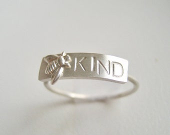 Bee Kind Sterling Silver Ring, Bee Ring Custom Hand Stamped Band Ring