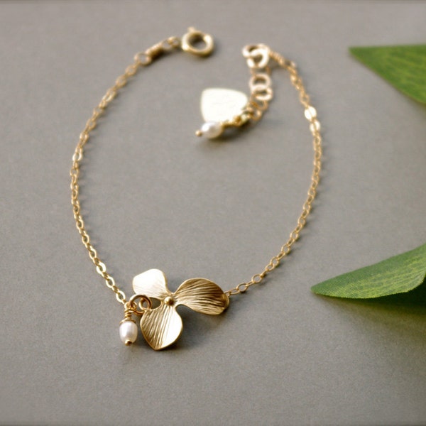 Personalized Gold Filled Orchid Flower Bracelet with Gold Filled Initial Heart