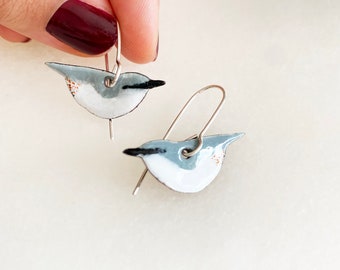 White-Breasted Nuthatch Enamel Earrings, Small Bird Dangle Earrings, Bird Earring Stud