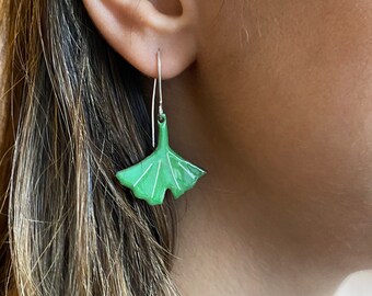 Cute Green Ginkgo Leaf Earrings Enamel Earrings with Sterling silver Hook