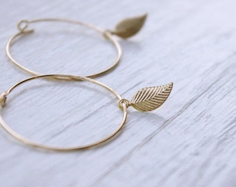 Gold Filled Hoop Earrings with Gold Filled Leaf, Minimal Earrings