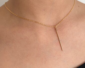 Vertical Gold Bar Necklace, Dainty 14k gold Filled Vertical Bar Pendant Necklace, Skinny Bar Necklace