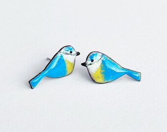 Bluebird Enamel Earrings, Blue Tit Earrings, Dangle Bird Earrings, Bird Stud Earrings