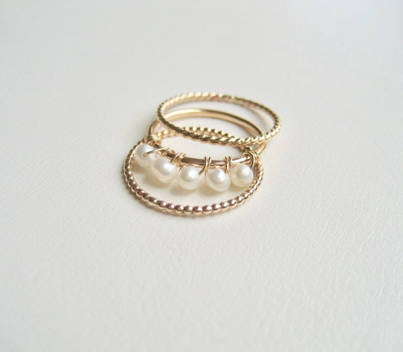 Set Of 3 Gold Stacking Rings Gold Filled Pearl Ring June Ring Twisted 14k gold filled ring Delicate Pearl Gold Filled Stacking Rings
