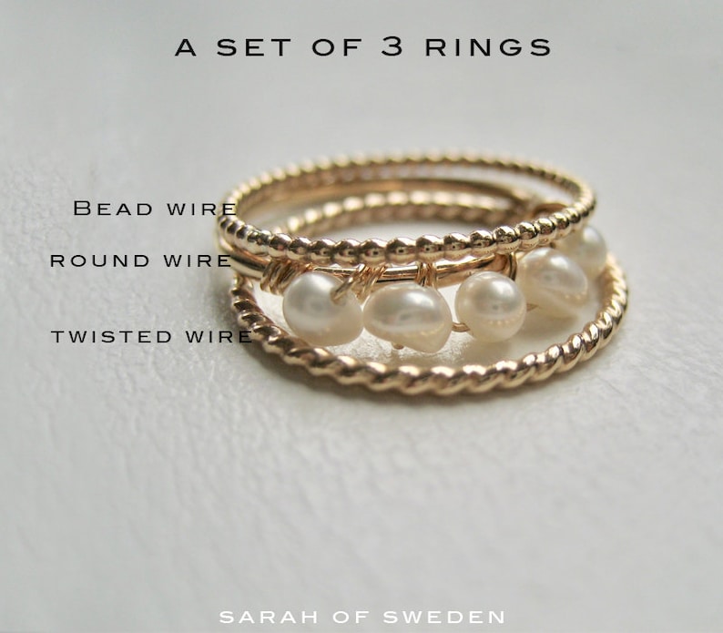Set Of 3 Gold Stacking Rings Gold Filled Pearl Ring June Ring Twisted 14k gold filled ring Delicate Pearl Gold Filled Stacking Rings