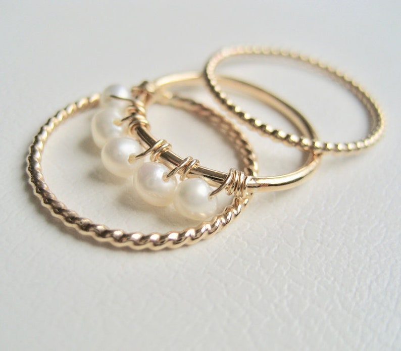 Set Of 3 Gold Stacking Rings Gold Filled Pearl Ring June Ring Twisted 14k gold filled ring Delicate Pearl Gold Filled Stacking Rings