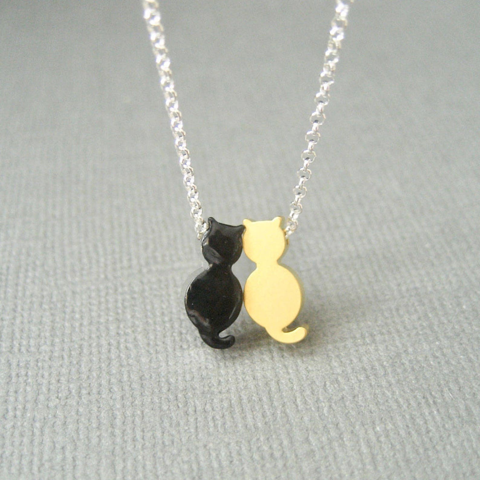 Pet Gift Cat Necklace Gold Cat Black Cat Necklace Two Cats Etsy