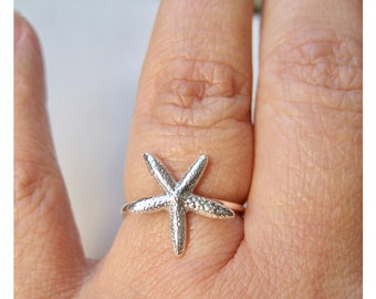 May include: A silver starfish ring. The ring is worn on a finger.