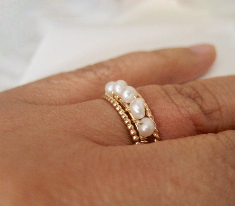 Set Of 3 Gold Stacking Rings Gold Filled Pearl Ring June Ring Twisted 14k gold filled ring Delicate Pearl Gold Filled Stacking Rings