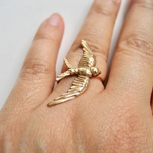 Sparrow Bird Ring, Golden Bird Ring Gold Filled, Statement Ring, Flying Swallow Ring, Bird Jewelry, Available in Sterling Silver