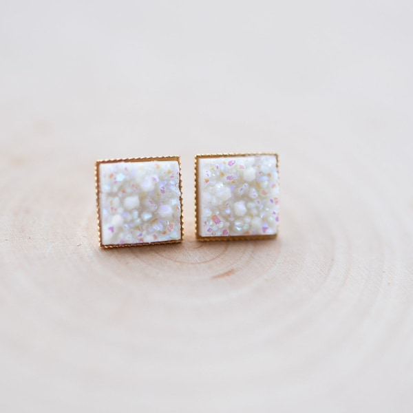 Square Druzy Studs White hypoallergenic gold tone