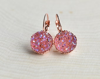 Rose Gold Tone Leverback earrings with Pink Druzy Stone