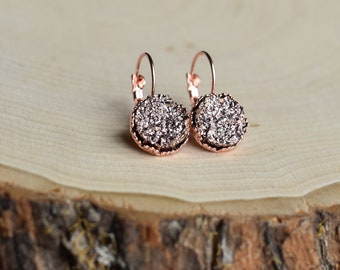 Rose Gold Tone Druzy Earrings - Bridesmaid Gift Earrings