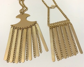 1970s gold tone necklaces, fringed pendant, original deadstock