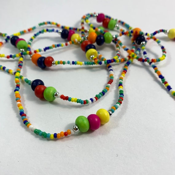 1980s long necklace, multi coloured seed beads wi… - image 1