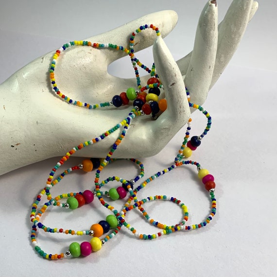 1980s long necklace, multi coloured seed beads wi… - image 6