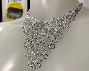 1970s silver tone ring mesh chainmail bib necklace, authentic deadstock