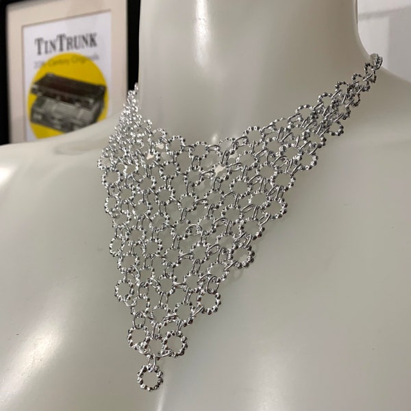 1970s silver tone ring mesh chainmail bib necklace, authentic deadstock