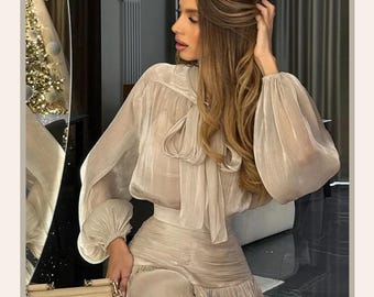 Shiny Beige Dress – Women's Lace-Up Bow Top Pleated Skirt Set