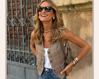 Chic Sleeveless V-Neck Waistcoat for Women – Summer Houndstooth Vest, Casual Tops for Ladies
