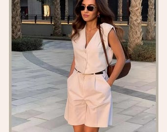 Summer Clothing Fashion Office Short Vest V-Neck Single Breasted Women's Sleeveless Slim Top Suit