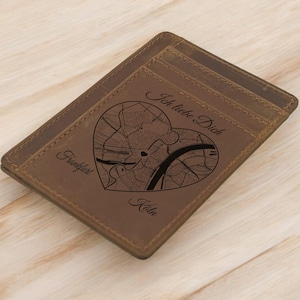 Tarjetero de piel auténtica personalizado con mapa, Cartera personalizada, Tarjetero grabado con su lugar favorito