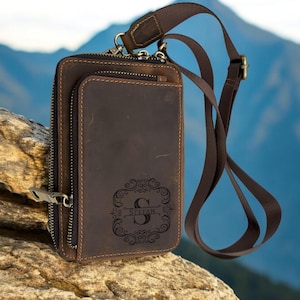 Personalised men&#39;s leather handbag, real leather mobile phone bag, shoulder bag with name for men, leather gift for men