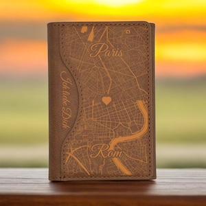 Porte-monnaie avec gravure, Porte-cartes personnalisé, Porte-monnaie en similicuir pour cartes personnalisé avec nom et carte géographique