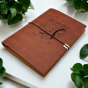 Carnet de notes gravé avec un cœur, Journal intime avec carte géographique, Livre personnalisé en similicuir de haute qualité