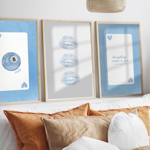 Baby Wall Art Set, Retro 8 Ball Poster, Blue Playing card Print, Trendy Kiss Lips Digital Prints, Preppy Aesthetic, Dorm Room Printable Art