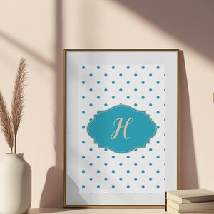Baby Blue Polka Dot Personalized Letter Print, Custom Alphabet Initial Printable Wall Art, Chic Preppy Monogram Print, Vintage Custom Print