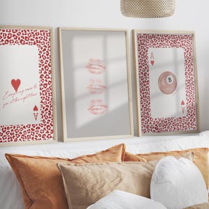 Set of 3 Trendy Red Cheetah Print Set Ace of Hearts Print Lucky You Poster Retro Chic Dorm Decor Vintage Pool Ball Funky Red Aesthetic Print