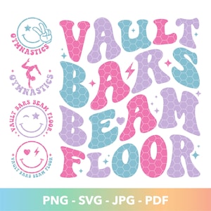 Puede incluir: Un diseño gráfico colorido con las palabras "VAULT BARS BEAM FLOOR" en letras grandes y burbujeantes. El diseño incluye varios iconos temáticos de gimnasia y la palabra "GYMNASTICS". La paleta de colores incluye tonos rosas, azules y morados. La parte inferior de la imagen muestra "PNG - SVG - JPG - PDF".