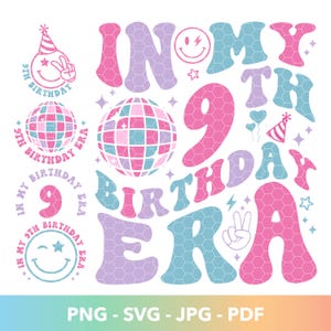 Könnte beinhalten: Ein farbenfrohes Grafikdesign mit dem Text "In My 9th Birthday Era" im Retro-Stil. Das Design zeigt eine Discokugel, Smiley-Gesichter und Sterne.