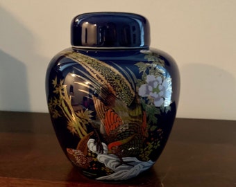 Vintage Cobalt Blue Ginger Jar With Lid Satsuma Style Made in Japan Bird and Bamboo Design Vintage Ginger Jar