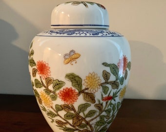 Vintage Andrea by Sadek Porcelain Ginger Jar With Lid Made in Japan Chrysanthemum and Butterly Design Blue and White Dragons