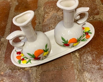 Vintage Mushroom Ceramic Cruet Set with Plate Oil and Vinegar Cruets 3 Pc Set